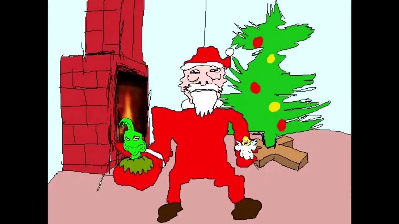 Santa holding the face of the grinch in one palm and an angel in the other