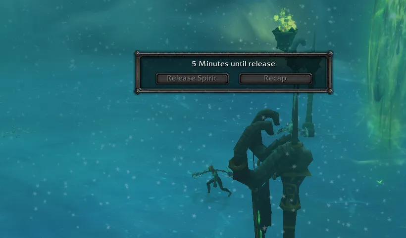 Someone who has died underwater in World of Warcraft. Prompt says 'Release Spirit'